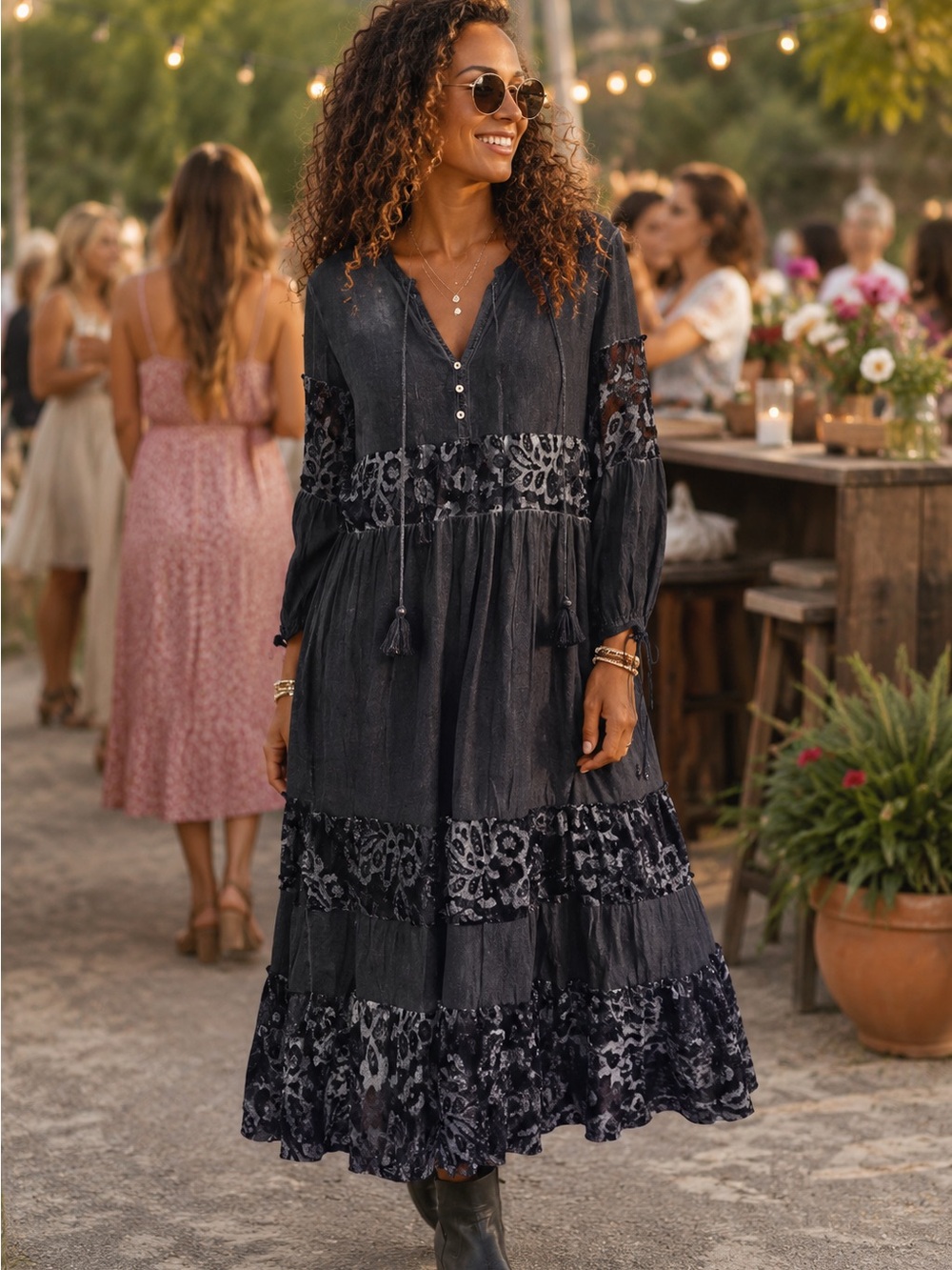 POL Washed Black Cotton/Poly Mix Long Sleeve Dress with Lace Size Small